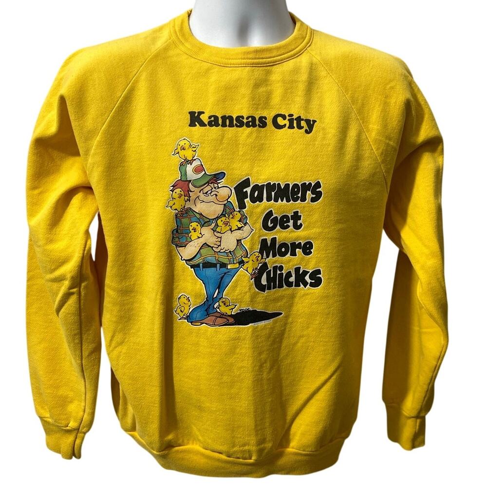 VINTAGE ALORE KANSAS CITY SWEATER — Yellow Farmers Graphic Crewneck Men's L